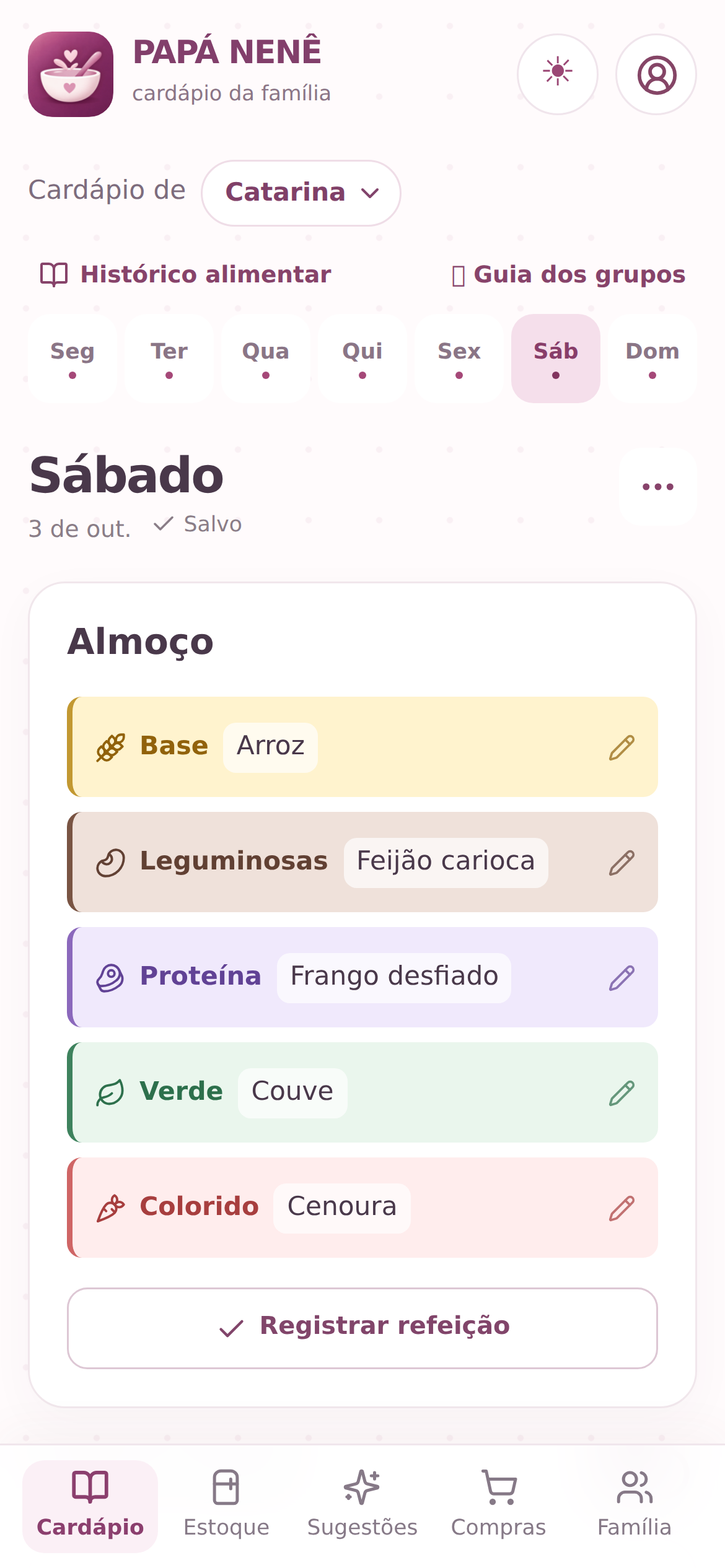 Tela original de cardápio do PAPÁ NENÊ com dados de demonstração