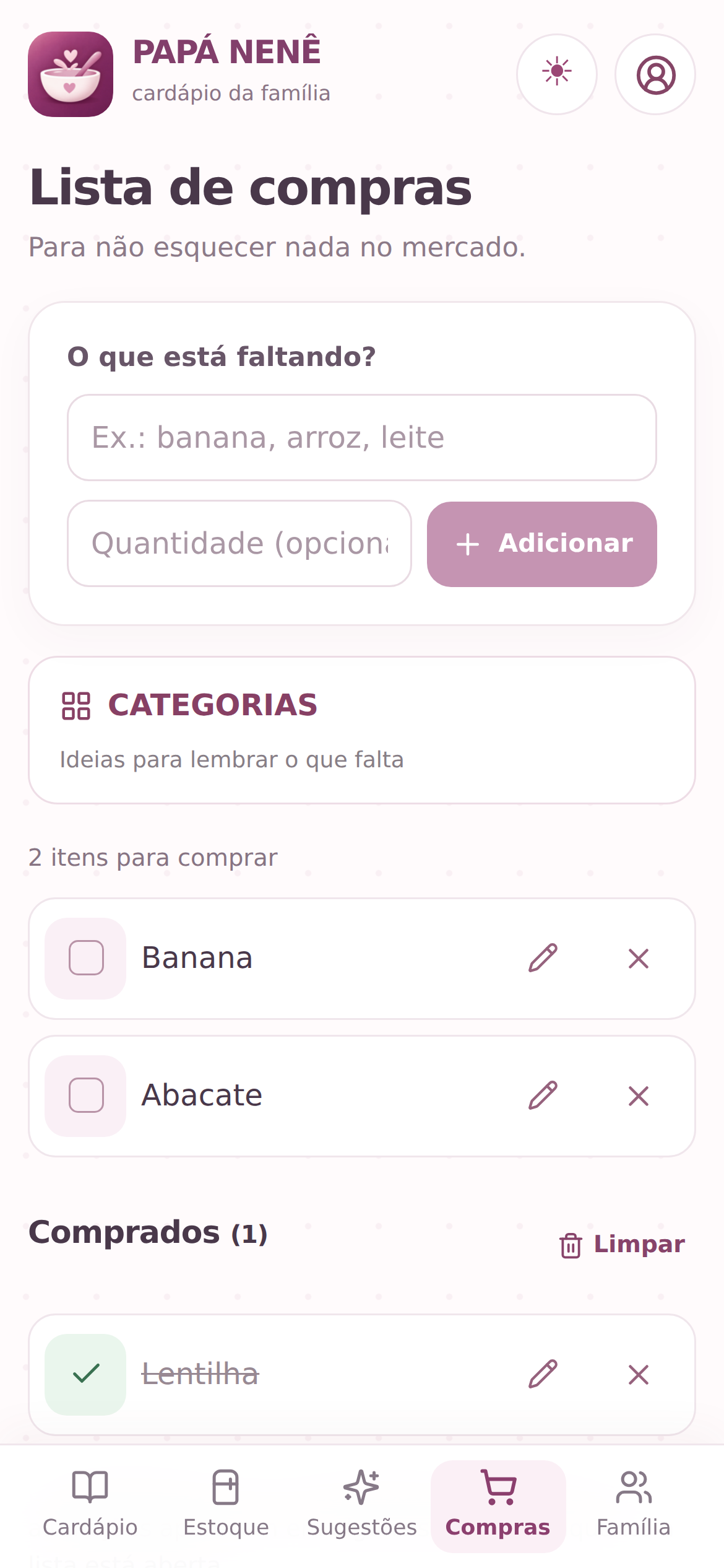Tela original de compras do PAPÁ NENÊ com dados de demonstração